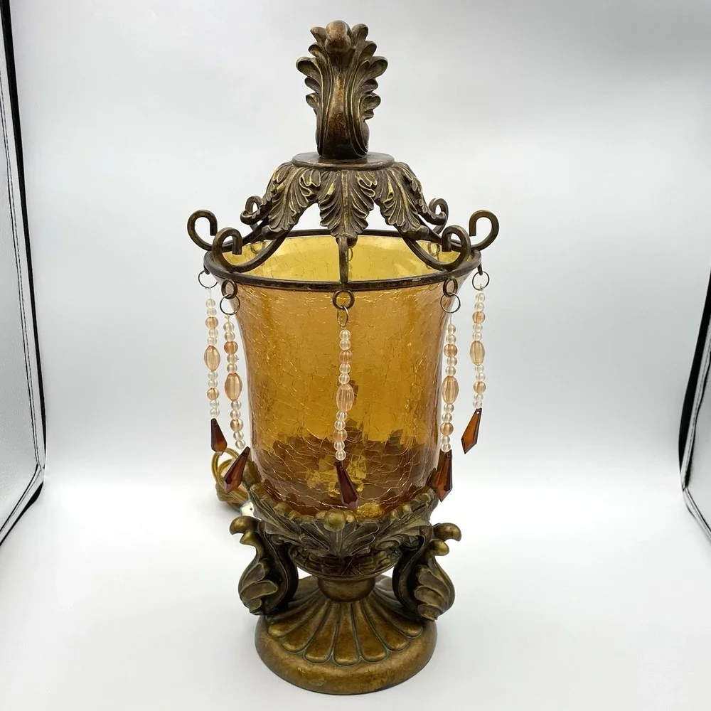 Vintage Bombay Company Bronze Amber Crackle Glass Beaded Table Lamp Tested/Works